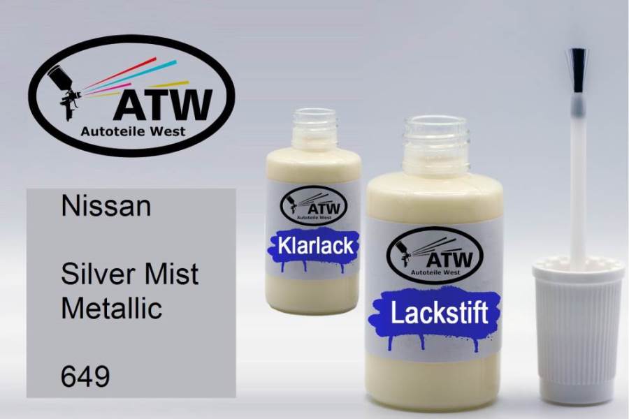 Nissan, Silver Mist Metallic, 649: 20ml Lackstift + 20ml Klarlack - Set, von ATW Autoteile West.